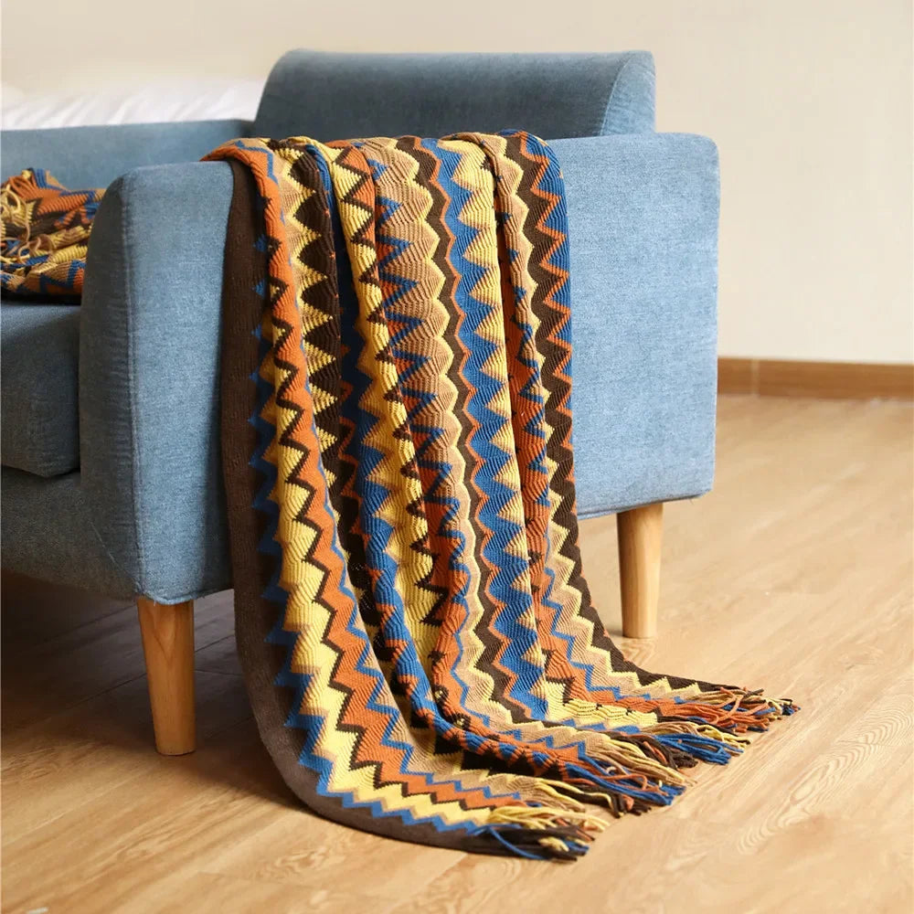 My Boho Home throw blanket with tassels, featuring zig zag stripes and a woven texture—perfect for cozy home decor