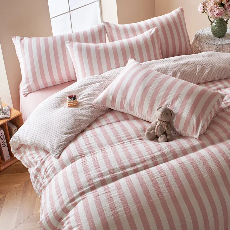 Rose Pink Boho Striped Microfiber Bedding Set – 4-Piece Soft & Cozy Duvet Cover Set with Pillowcases & Flat Sheet