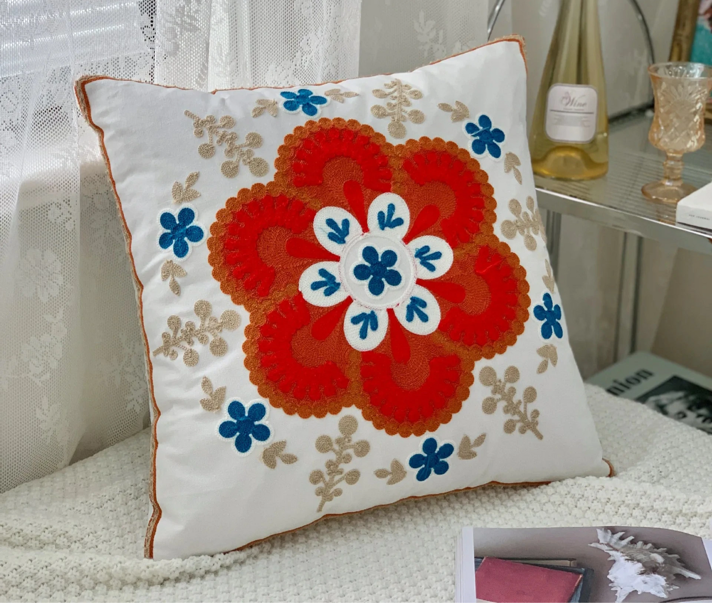 Decorative pillow with a floral pattern on a couch, floral embroidery on linen cotton cushion cover – boho home decor accent