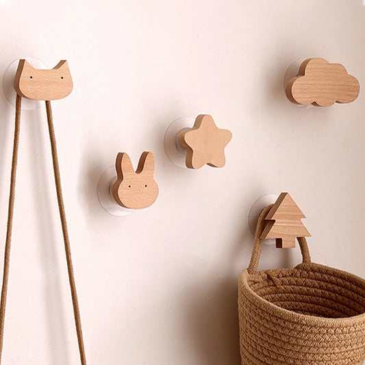 Cute Wooden Animal Wall Hook – Beech Wood Decorative Hanger for Kids Rooms, Entryways, Kitchens & More (1pc) Cat Bunny Star Tree Cloud