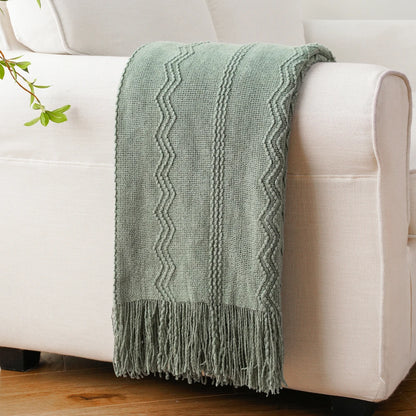 Boho Knit Throw Blanket – Soft Lightweight Acrylic Blanket with Tassels