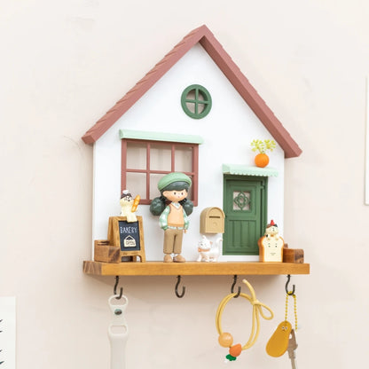 🏡 Fairytale Town Wall Hook Rack – Boho Wooden Key Holder & Decorative Village Scene Organizer