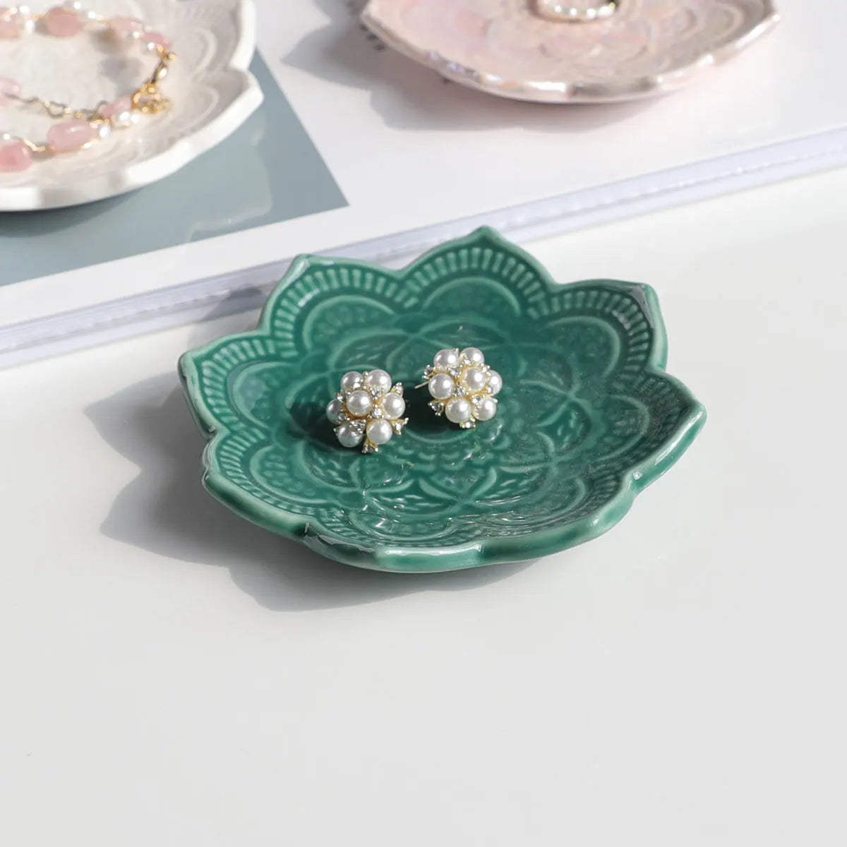 Nordic Ceramic Mandala Small Jewelry Dish Earrings Necklace Ring Storage Plate Display Bowl Flower Decoration Tray Home Decor Bedroom Bathroom Living Room Boho 1Pc