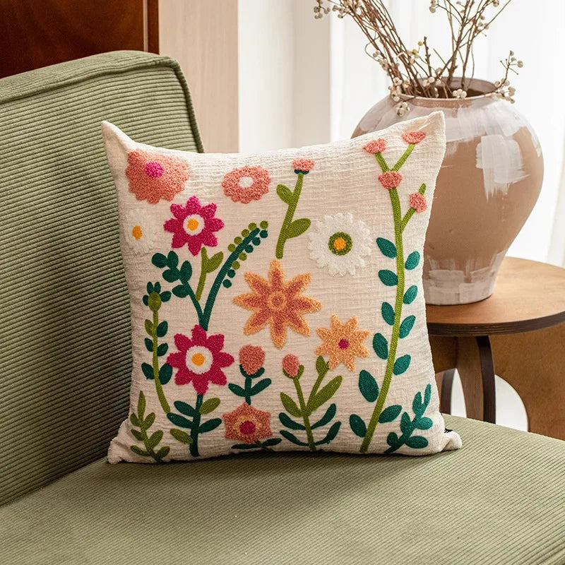 Flower Embroidered Throw Pillow Cover – Floral Cushion Cover for Boho Home Decor