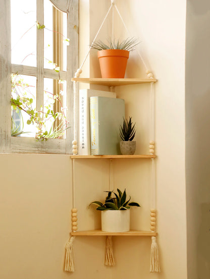 Boho Macrame Hanging Wooden Shelf – Handcrafted Floating Wall Shelf for Home Decor