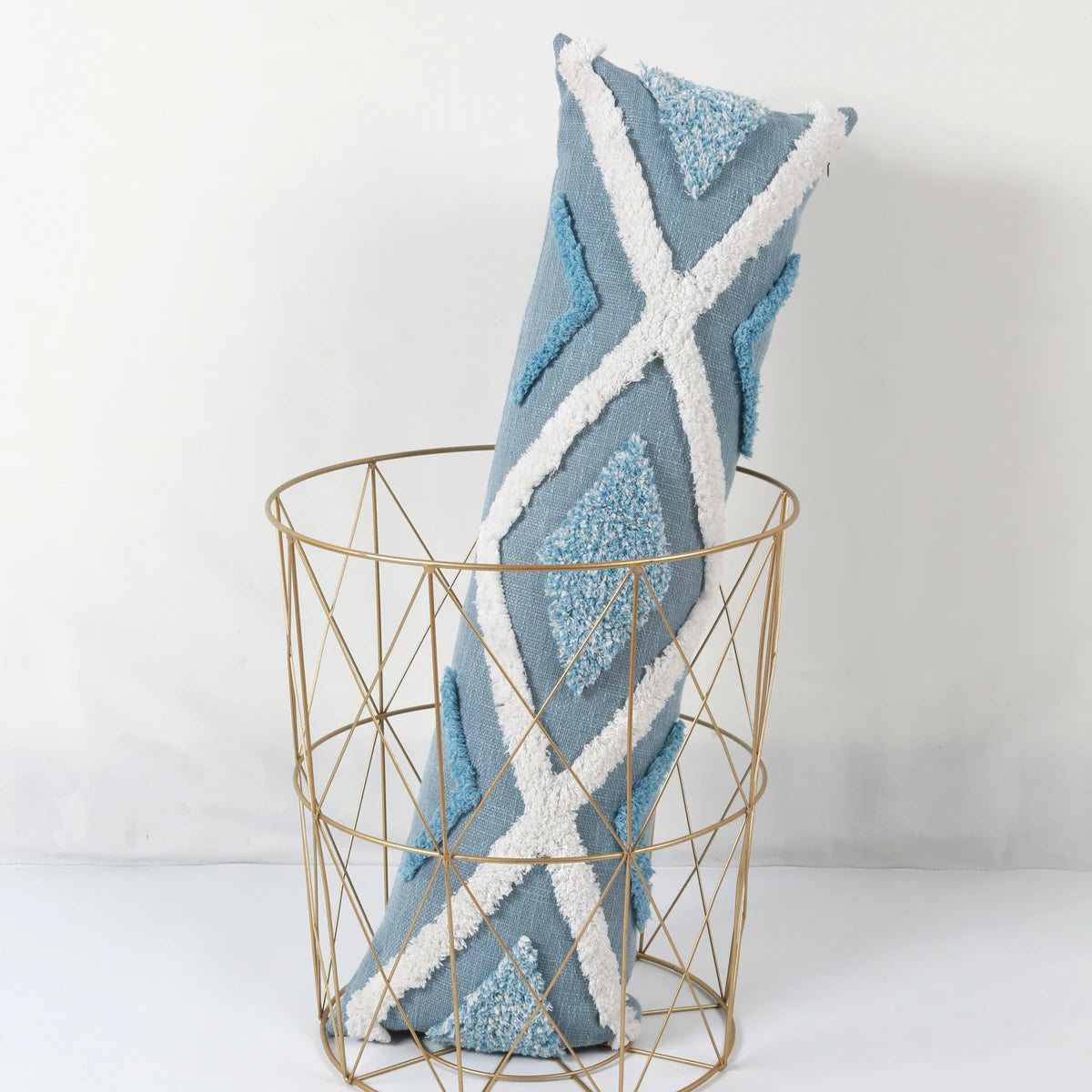 Blue Geometric Tufted Pillow Cover with Tassels – Boho Home Decor Housewarming Gift Accent for Couch, Bed & Living Room