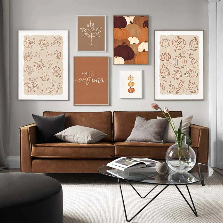 Rustic Fall Poster Set – Minimalist Autumn Leaves & Pumpkin Canvas Wall Art for Seasonal Home Decor