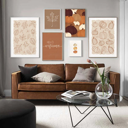 Rustic Fall Poster Set – Minimalist Autumn Leaves & Pumpkin Canvas Wall Art for Seasonal Home Decor