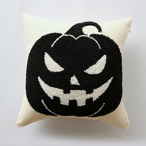 Pillow with a black pumpkin face design on a white background Orange tufted pumpkin throw pillowcase for autumn boho home decor