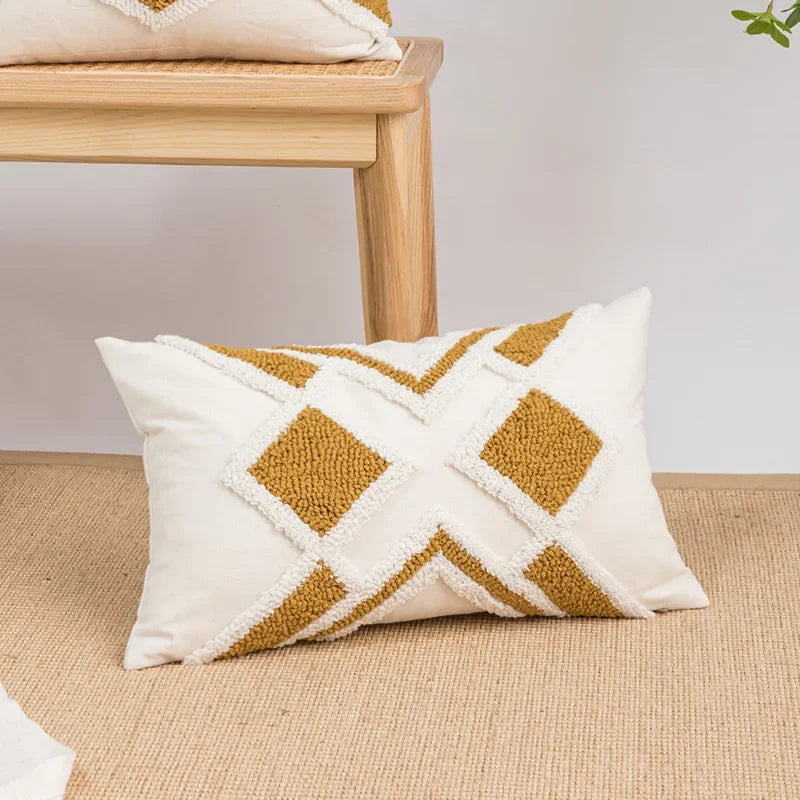 Decorative pillow with geometric pattern on a beige surface Nordic blue tufted cushion cover with geometric stripe and grid crochet pattern, tassel pillow cover for sofa, bed, and boho home decor
