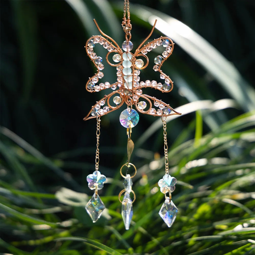 Decorative butterfly ornament with crystal-like beads against a natural background boho home decor, crystal wind chime, sun catcher for windows, moon prism chime, agate stone hanging, garden art decor, patio hanging decoration, boho housewarming gift, spiritual gift, crystal suncatcher, balcony decor, meditation decor, handmade crystal chime