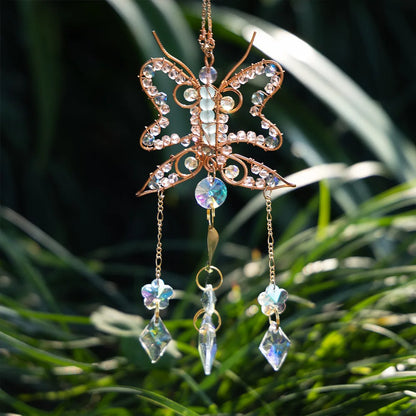 Decorative butterfly ornament with crystal-like beads against a natural background boho home decor, crystal wind chime, sun catcher for windows, moon prism chime, agate stone hanging, garden art decor, patio hanging decoration, boho housewarming gift, spiritual gift, crystal suncatcher, balcony decor, meditation decor, handmade crystal chime