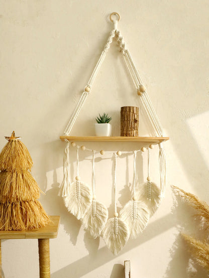 Boho Macrame Floating Wall Shelf with Leaf Tassels