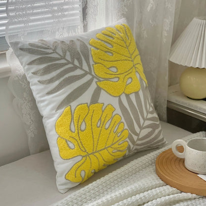 🌿 Green Leaf & Sunflower Embroidered Pillow Cover – 18 x 18 inches Boho Modern Cushion Cover for Sofa, Chair, or Car