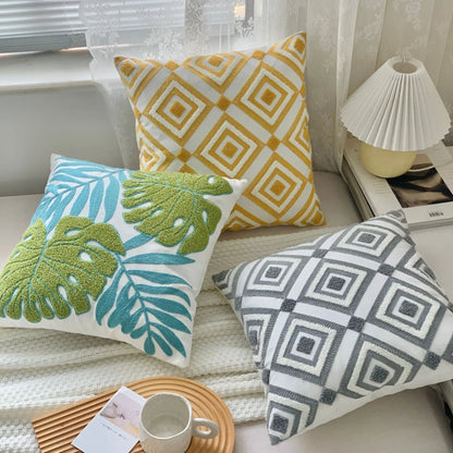 🌿 Green Leaf & Sunflower Embroidered Pillow Cover – 18 x 18 inches Boho Modern Cushion Cover for Sofa, Chair, or Car