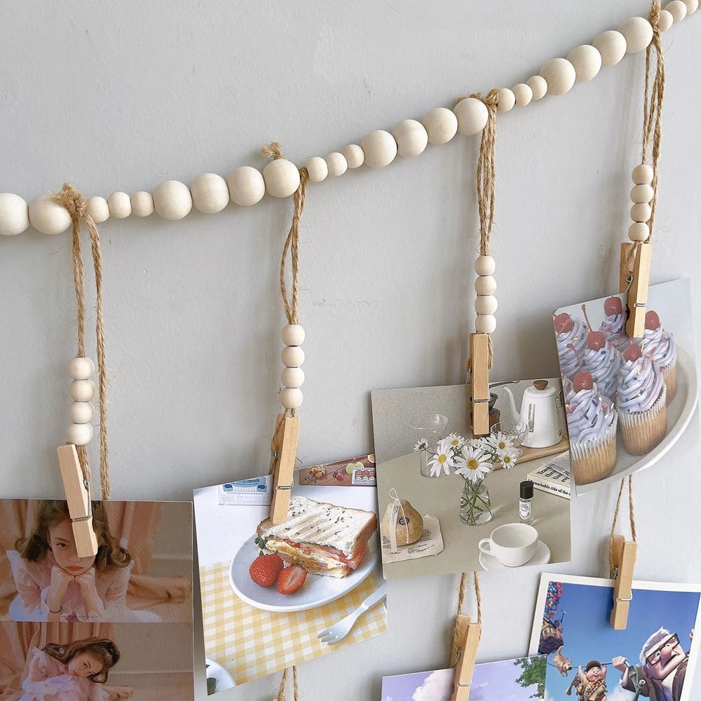 Boho Wall Hanging Photo Display with Wooden Beads & Clips – Rustic Collage Picture Holder Decor