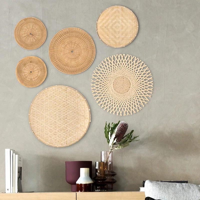 Set of 6 Rattan Wicker Wall Basket Hanging Wall Decor Boho Home Wall Art Decoration Straw Woven Plate Rustic Farmhouse Bedroom Living Room