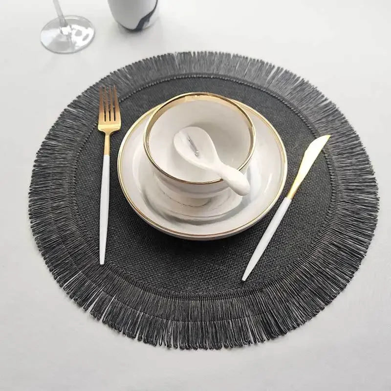 Boho Home Decor Hand-Woven Round Braided Placemats – Eco-Friendly Fringe Table Mats for Dining & Kitchen