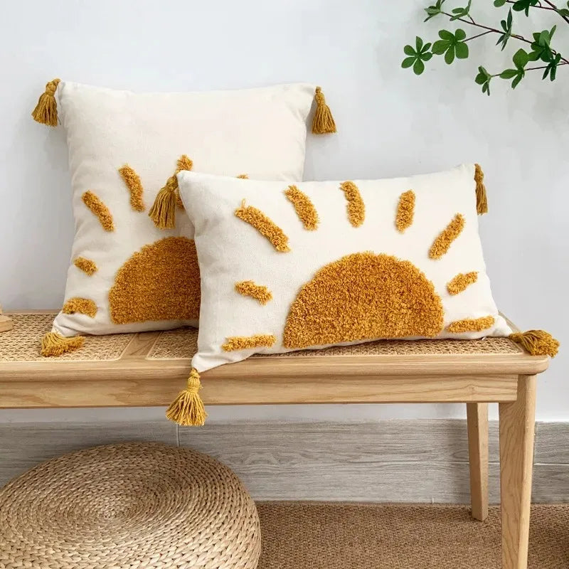 Boho Home Decor Yellow Sun Tufted Embroidered Pillowcase – Decorative Throw Pillow Cover For Living Room