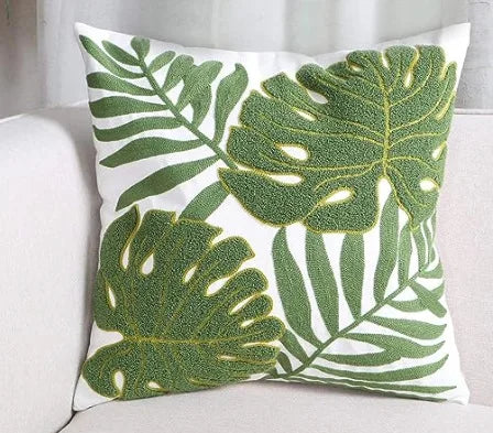 🌿 Green Leaf & Sunflower Embroidered Pillow Cover – 18 x 18 inches Boho Modern Cushion Cover for Sofa, Chair, or Car