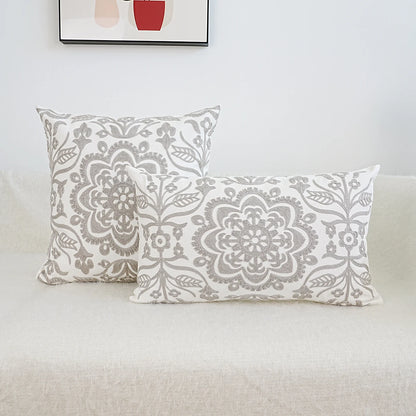 Gray Mandala Floral Embroidered Pillow Cover – Geometric Boho Home Decor Accent