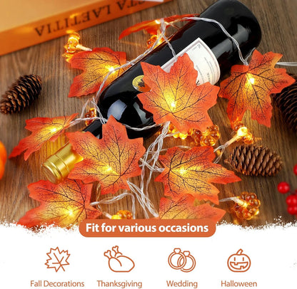 Decorative string lights with leaf design around a bottle on a wooden surface, with text indicating occasions suitable for use. fall leaf lights 