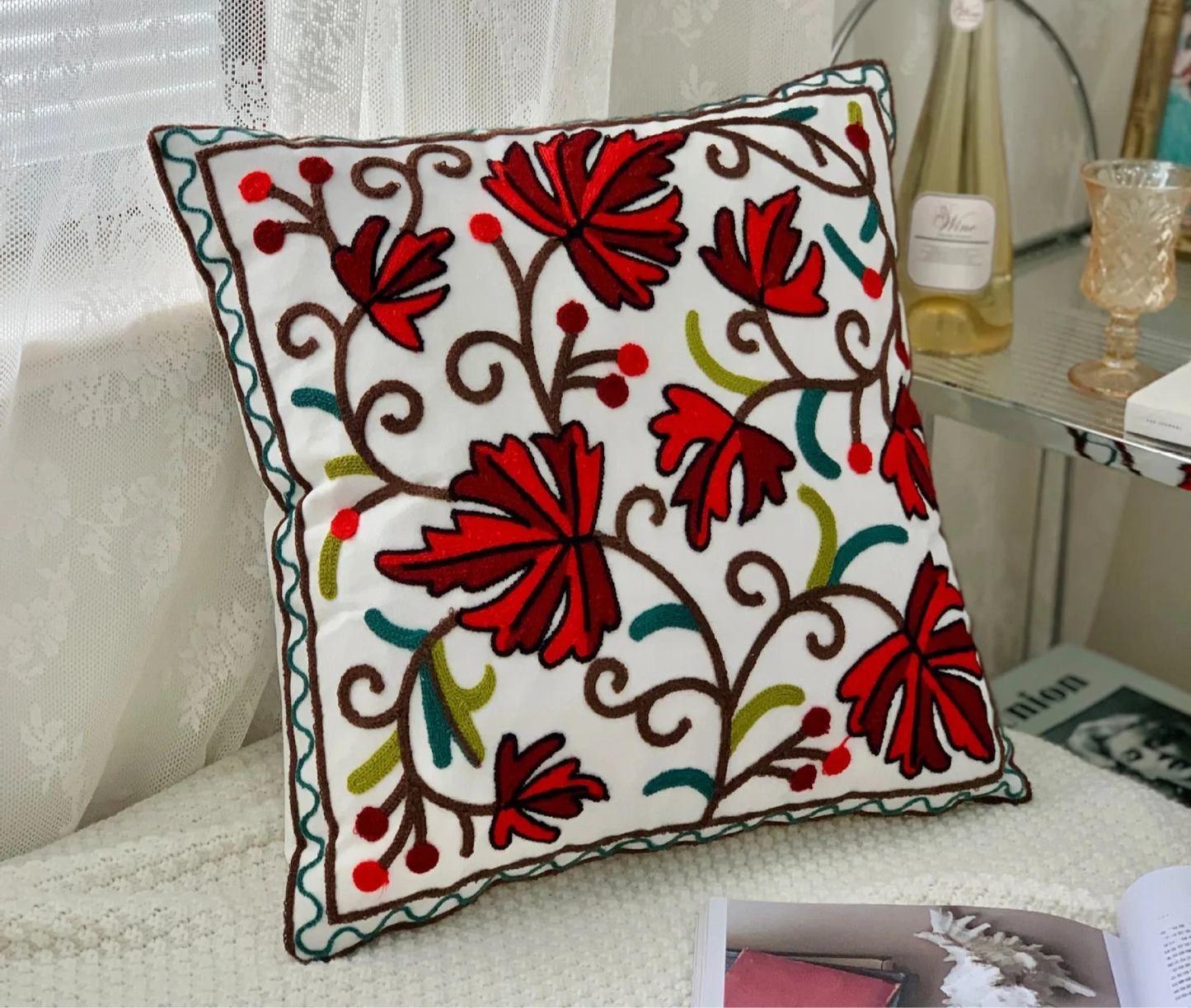 Decorative pillow with red floral embroidery on a white background, floral embroidery on linen cotton cushion cover – boho home decor accent