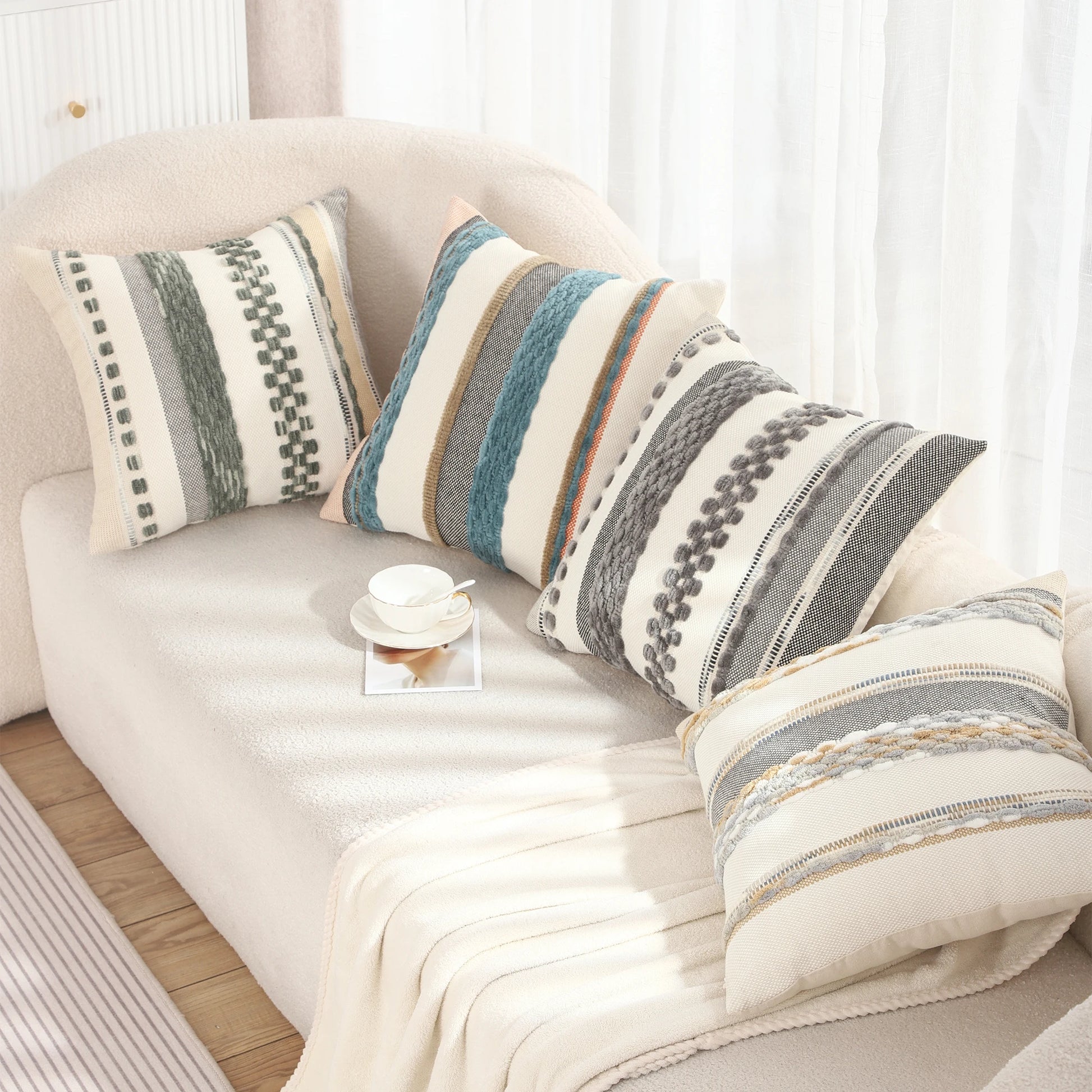 Boho Striped Chenille Throw Pillow Cover – Decorative Square Cushion for Cozy Home Accents
