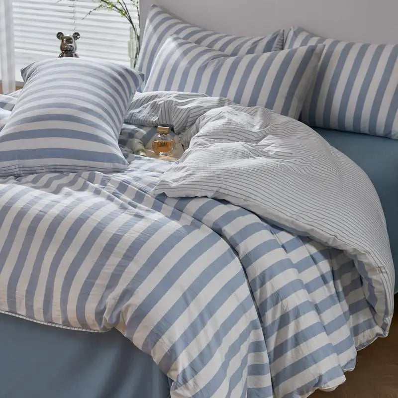 Blue Boho Striped Microfiber Bedding Set – 4-Piece Soft & Cozy Duvet Cover Set with Pillowcases & Flat Sheet