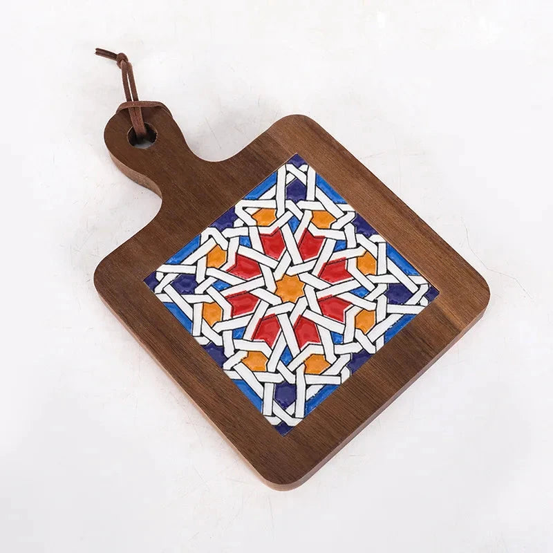 Wooden cutting board with geometric design on a white background