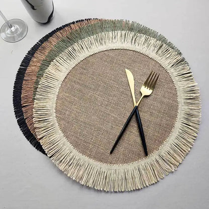 Boho Home Decor Hand-Woven Round Braided Placemats – Eco-Friendly Fringe Table Mats for Dining & Kitchen