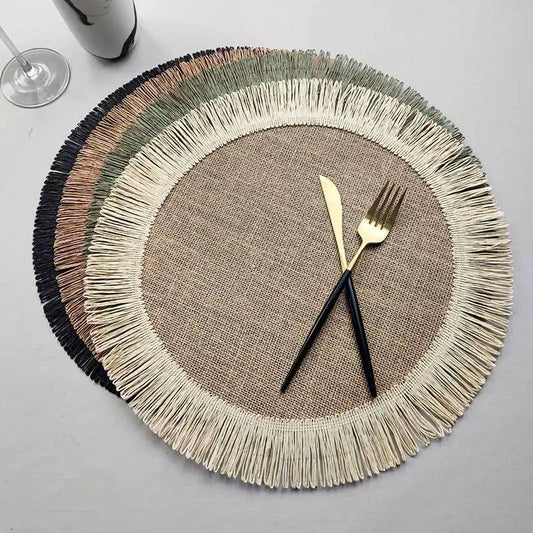 Boho Home Decor Hand-Woven Round Braided Placemats – Eco-Friendly Fringe Table Mats for Dining & Kitchen