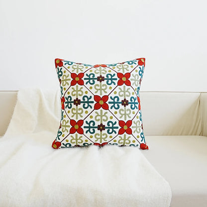 Red Geometric Design Embroidery Boho Home Decor Floral Embroidered Pillow Cover – Square Decorative Cushion Case for Sofa & Home