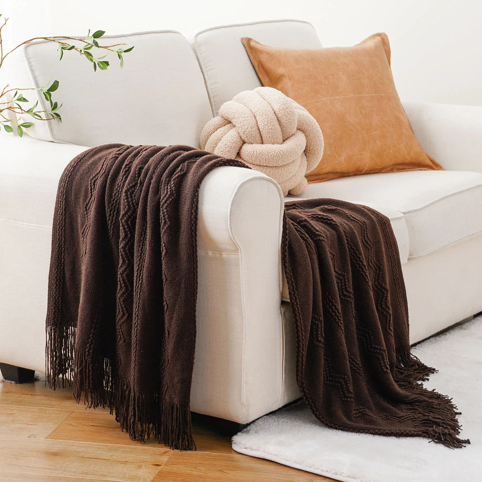 Boho Knit Throw Blanket – Soft Lightweight Acrylic Blanket with Tassels