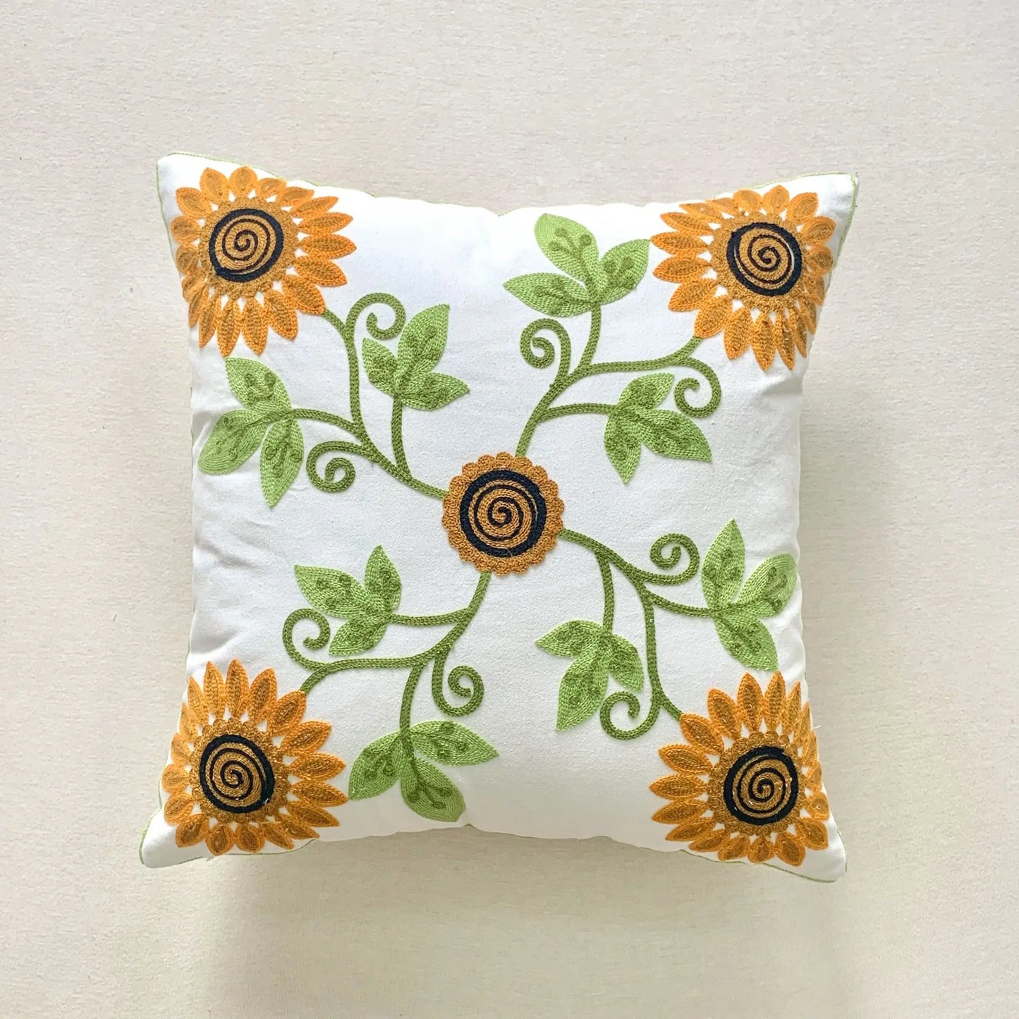 🌿 Green Leaf & Sunflower Embroidered Pillow Cover – 18 x 18 inches Boho Modern Cushion Cover for Sofa, Chair, or Car