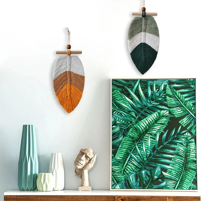 Bohemian Woven Leaf Wall Hanging – Set of 2 Cotton Thread Tapestries