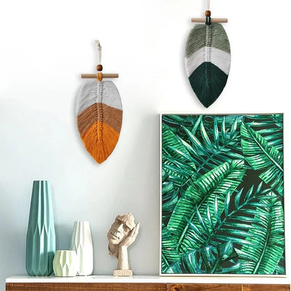 Bohemian Woven Leaf Wall Hanging – Set of 2 Cotton Thread Tapestries