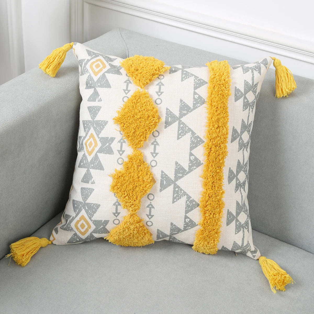 Yellow Geometric Tufted Throw Pillow Cover with Tassels – 18x18in Boho Home Decor Accent for Couch, Sofa & Bed Housewarming Gift