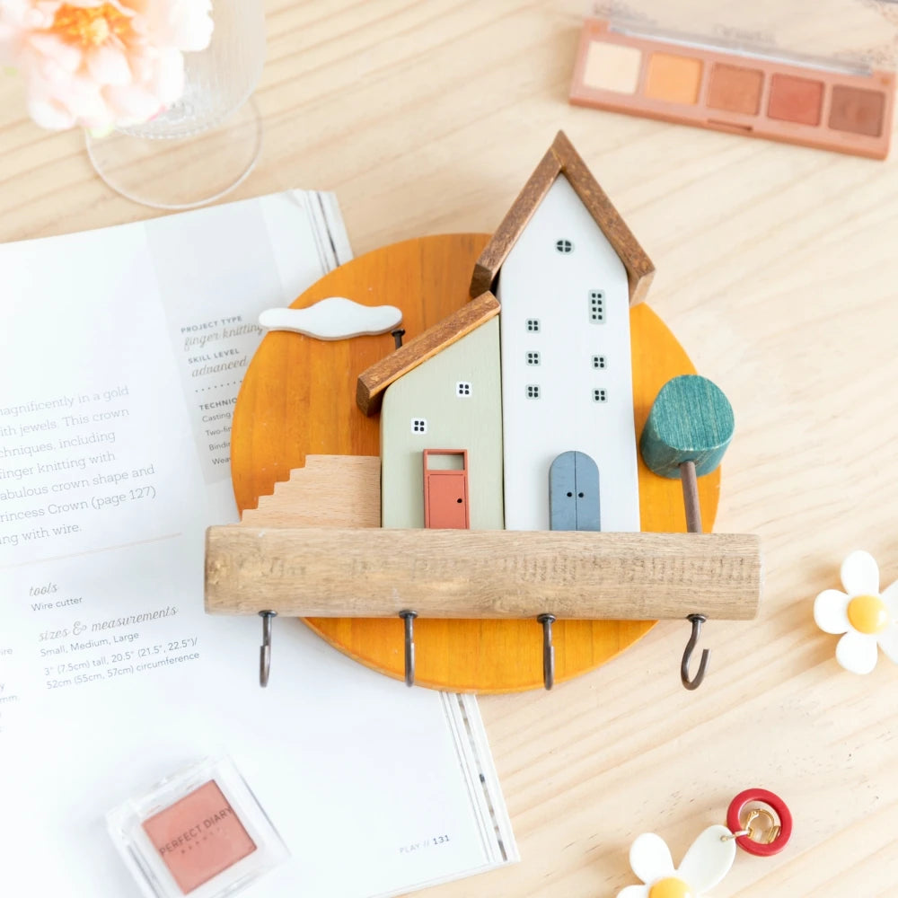 🏡 Fairytale Town Wall Hook Rack – Boho Wooden Key Holder & Decorative Village Scene Organizer
