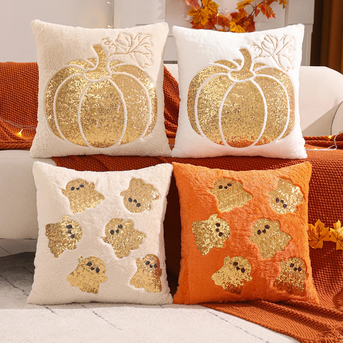Halloween Pumpkin Gold Sequin Embroidered Plush Pillow Cover – Festive Throw Cushion for Sofa, Bed & Autumn Decor