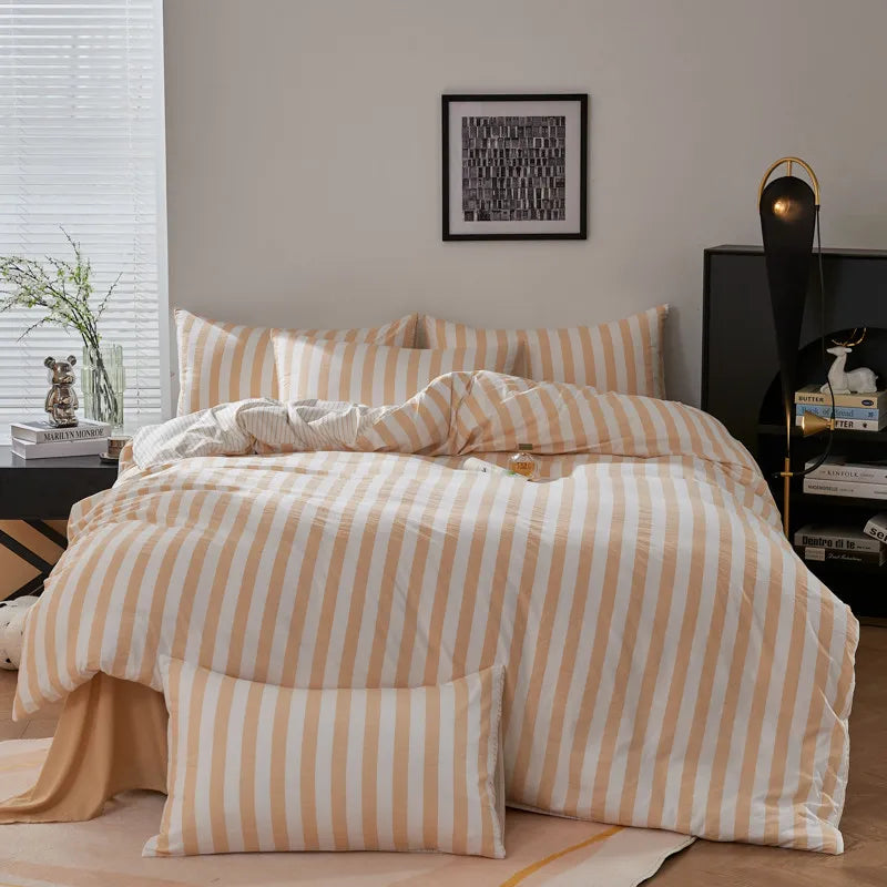 Orange Boho Striped Microfiber Bedding Set – 4-Piece Soft & Cozy Duvet Cover Set with Pillowcases & Flat Sheet