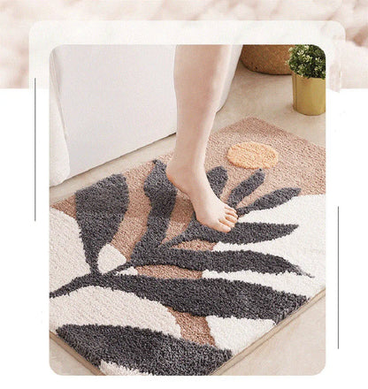 Boho Plant Art Non-Slip Bath Mat – Soft & Absorbent Bathroom Rug with Abstract Leaves