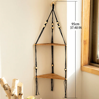 Boho Macrame Hanging Wooden Shelf – Handcrafted Floating Wall Shelf for Home Decor