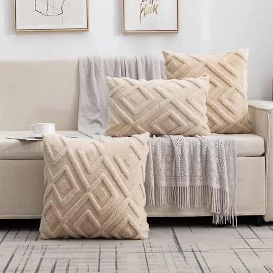 🧸 Boho Faux Wool Geometric Pillow Covers – Soft Plush Fleece Cushion Cases for Cozy Home Decor | Multiple Sizes