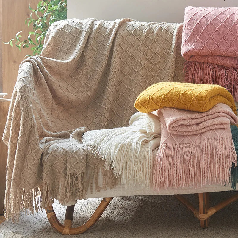 Soft Knit Boho Throw Blanket – Lightweight Acrylic Travel & Home Decor Accent with Fringe