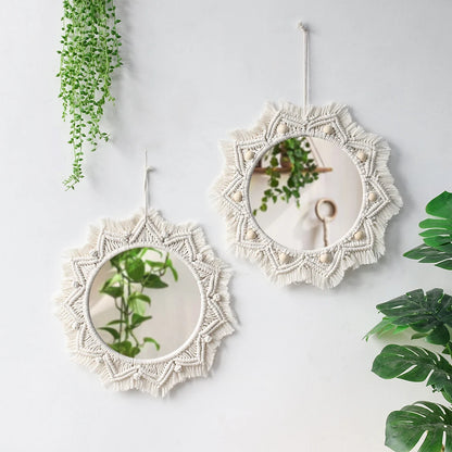 Boho Macrame Round Wall Mirror – Decorative Hanging Mirror for Bedroom & Living Room - Natural Knotted Sun
