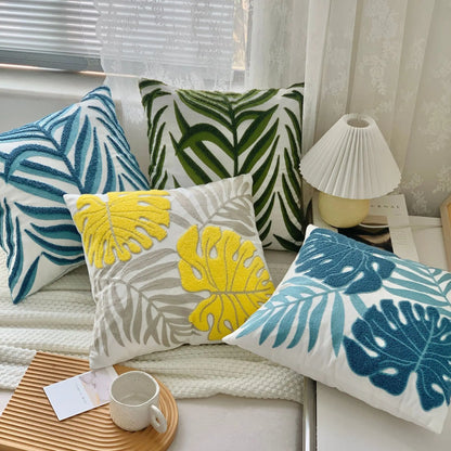 🌿 Green Leaf & Sunflower Embroidered Pillow Cover – 18 x 18 inches Boho Modern Cushion Cover for Sofa, Chair, or Car
