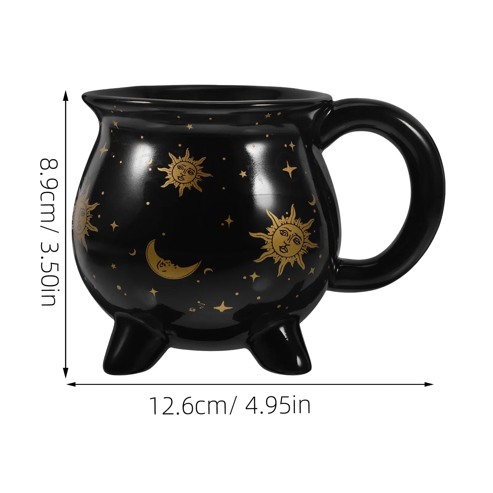Black mug with celestial designs and measurements on a white background boho home decor, witch coffee mug, ceramic cauldron cup, black witch mug, Halloween kitchen decor, spooky housewarming gift, gothic home, potion mug, witchy drinkware, holiday mug for her, cozy boho kitchen accessories