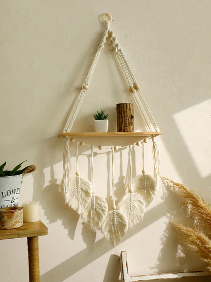 Boho Macrame Floating Wall Shelf with Leaf Tassels