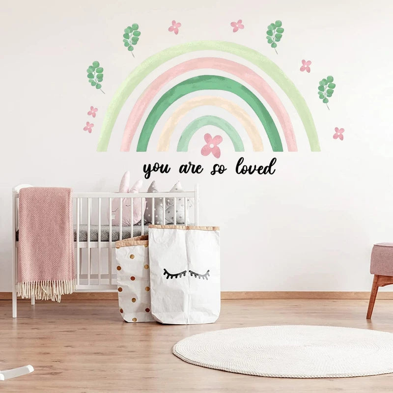 Boho Large Rainbow Beige Pink Watercolor Wall Sticker Vinyl DIY Removable Wall Decals Nursery Girls Room Playroom Home Decor Flowers Clouds Butterflies Hearts